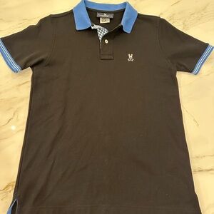 Psycho Bunny Men’s polo shirt black with blue and white accents. Size 3 (XS)